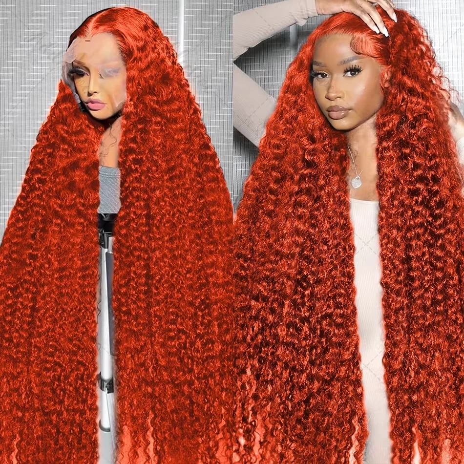 Orange Colored Water Wave High Density 13x6 Hd Lace Frontal Human Hair Wig Gluelesss Preplucked Deep Wave Pre-Cut 30 Inch Ginger Curly Wigs Ready To W