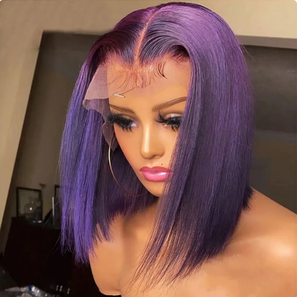Short Bob Wig 180% Dark Purple Lace Front Wigs For Women Preplucked Hairline Gluelesss 13x4 Straight Human Hair Wig High Density