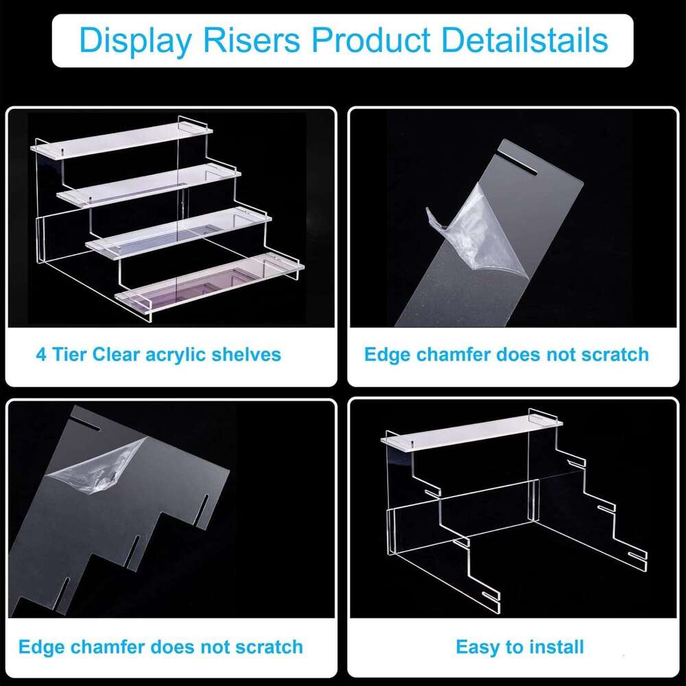 HENABLE 4 Tier Acrylic Risers, Perfume Organizer Stand, Cupcake Stand Holder, Clear Shelf Risers Display Stands Funko POP Figure, Dessert Shees for Pa
