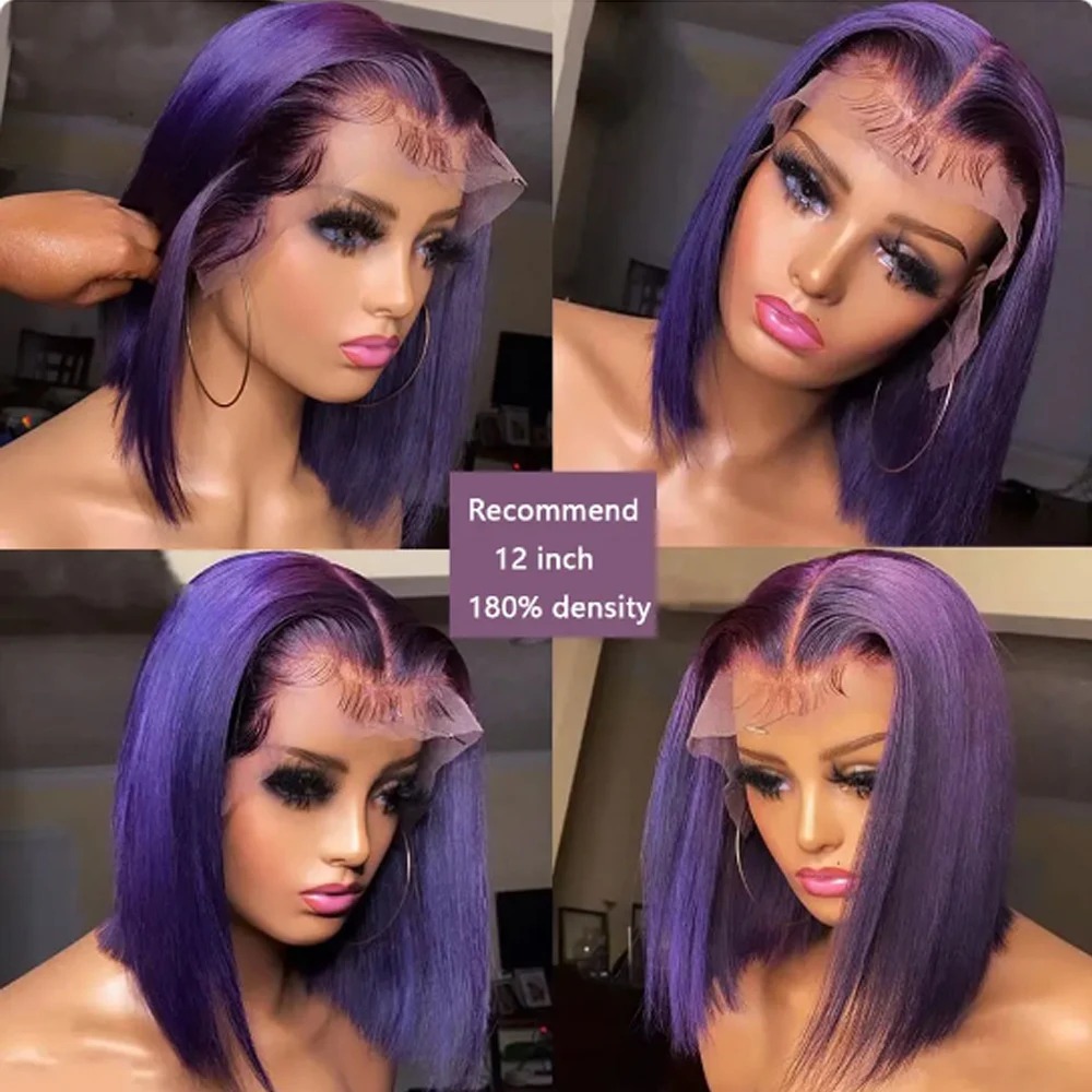 Short Bob Wig 180% Dark Purple Lace Front Wigs For Women Preplucked Hairline Gluelesss 13x4 Straight Human Hair Wig High Density