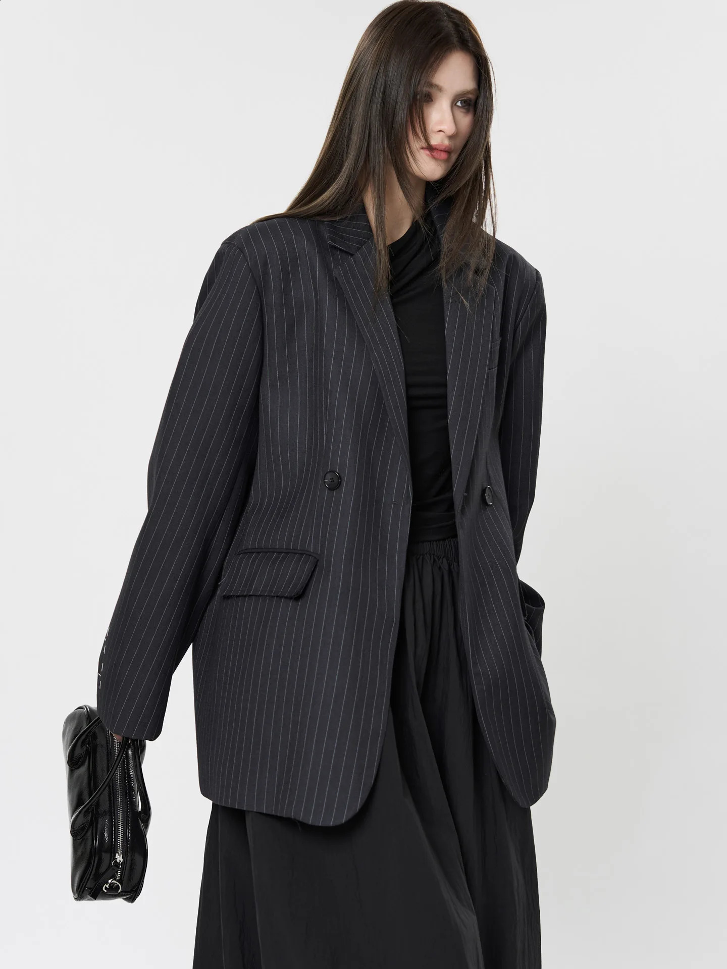 Womens Casual Striped Pocket Decoration Double breasted Loose Jacket Blazer 250904