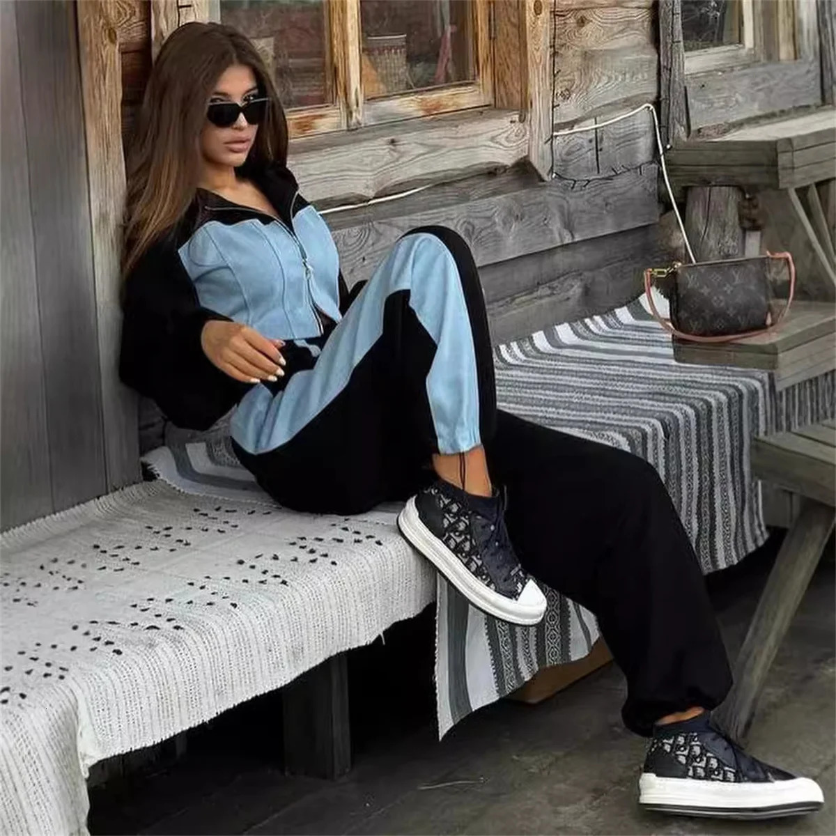 Casual Patchwork Denim 2 Piece Sets Women Outfit Slim Hoodies Crop Top Wide Leg Sweatpants Suit Streetwear Fashion Tracksuits 250826
