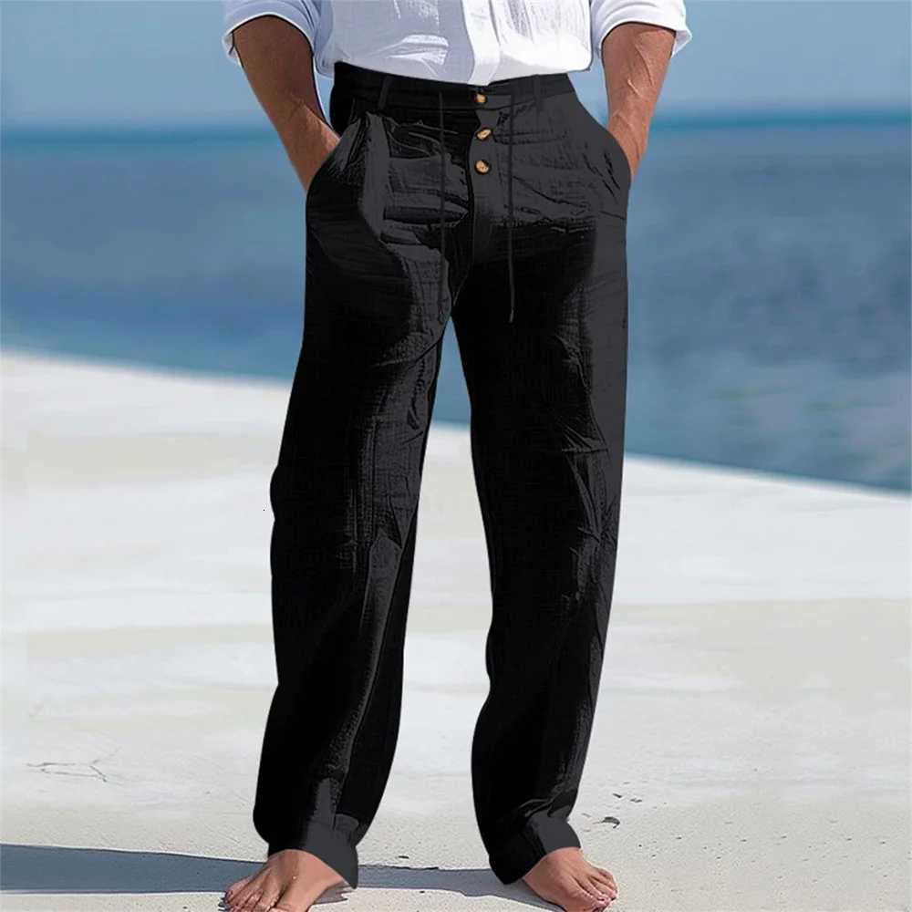 Mens Autumn Spring Cotton Pants Casual Breathable Cozy Trousers Button Drawstring Design Beach Style Vacation Long Pants W250826