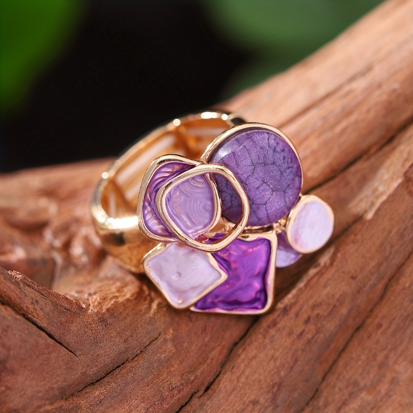 A Women's Fashion Bohemian Elegant Geometric Adjustable Elastic Ring Spring Summer New Zinc Alloy Purple Thin Coating Craft Simple Inlaid Resin S