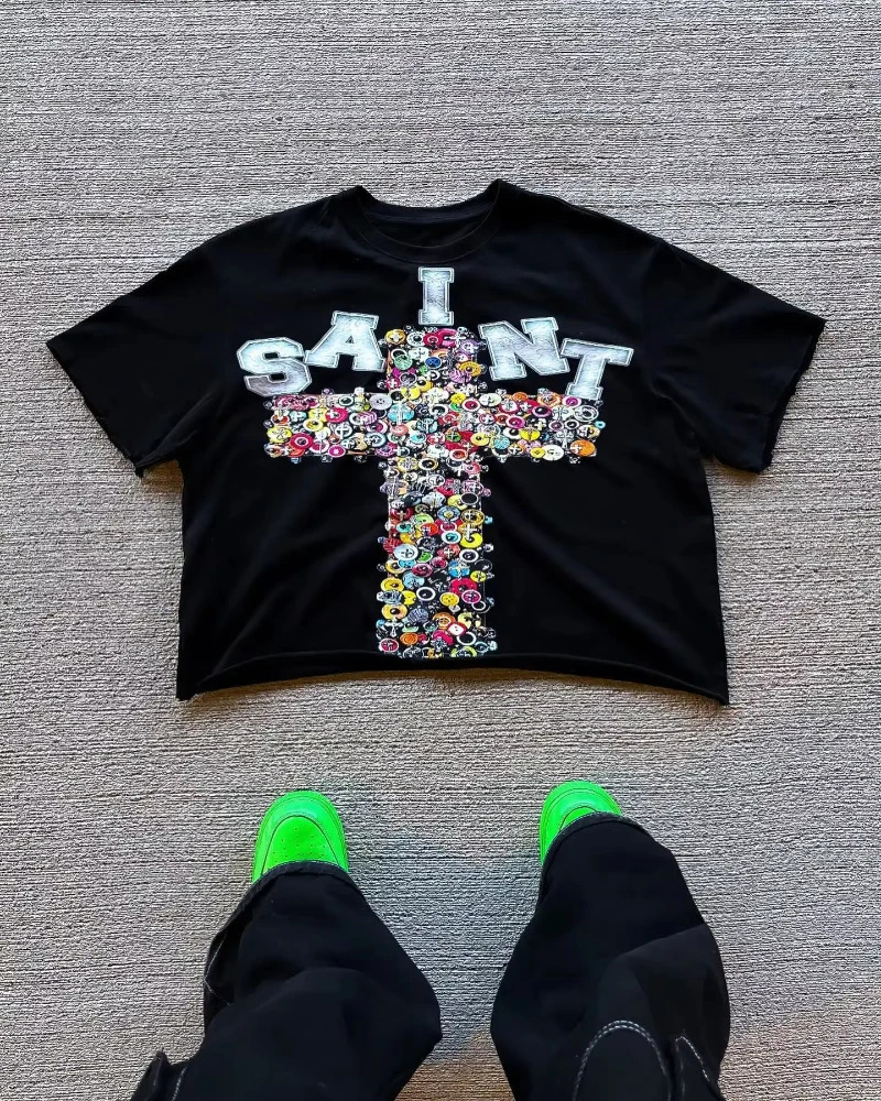 American Retro Anime Print Oversized T-shirt Men Hip-hop Trendy Streetwear Top Pure Cotton Round Neck Casual Loose Short Sleeves 250825