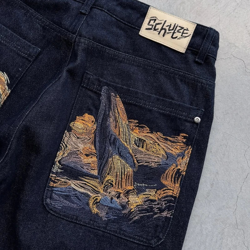 Sakura tree Embroidered Jeans Y2K Trendy Graphics Fish Man Black Jeans Retro Harajuku Zipper Jeans Gothic Hip Hop Street Wear 250826