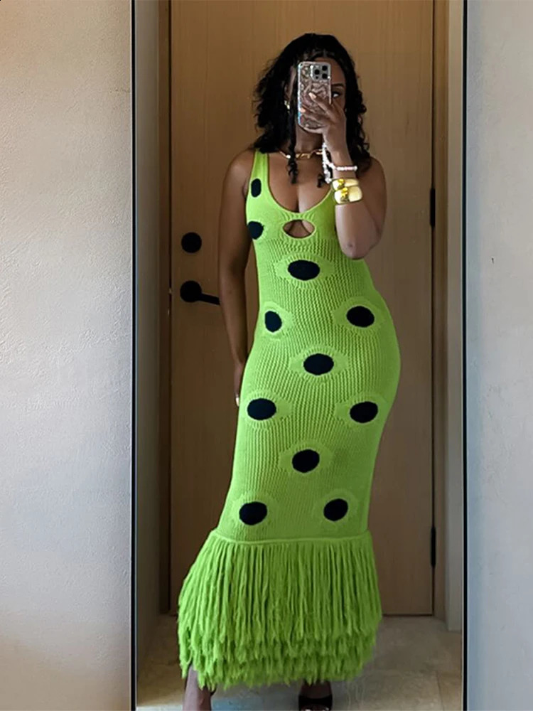 Polka Dot Tassels Knitted Sling Dresses Backless Sleeveless Patchwork Tassels Slim Split Hollow Out Maxi Robe Female Party Gown 250826
