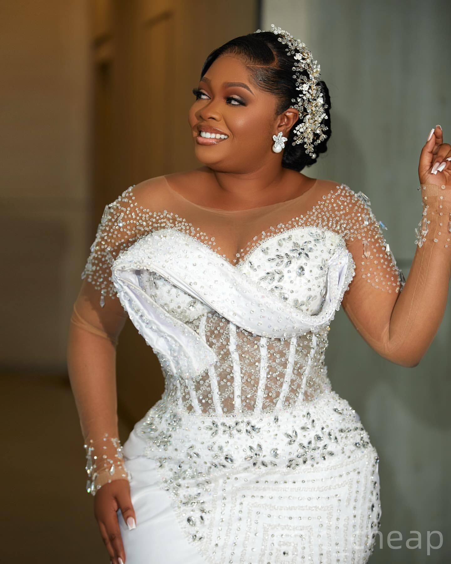 2025 Aso Ebi Plus Size White Mermaid Wedding Dress Rhinestones Beaded Sheer Neck Full Sleeves Satin Vintage Bridal Gowns Dresses ZJ0686