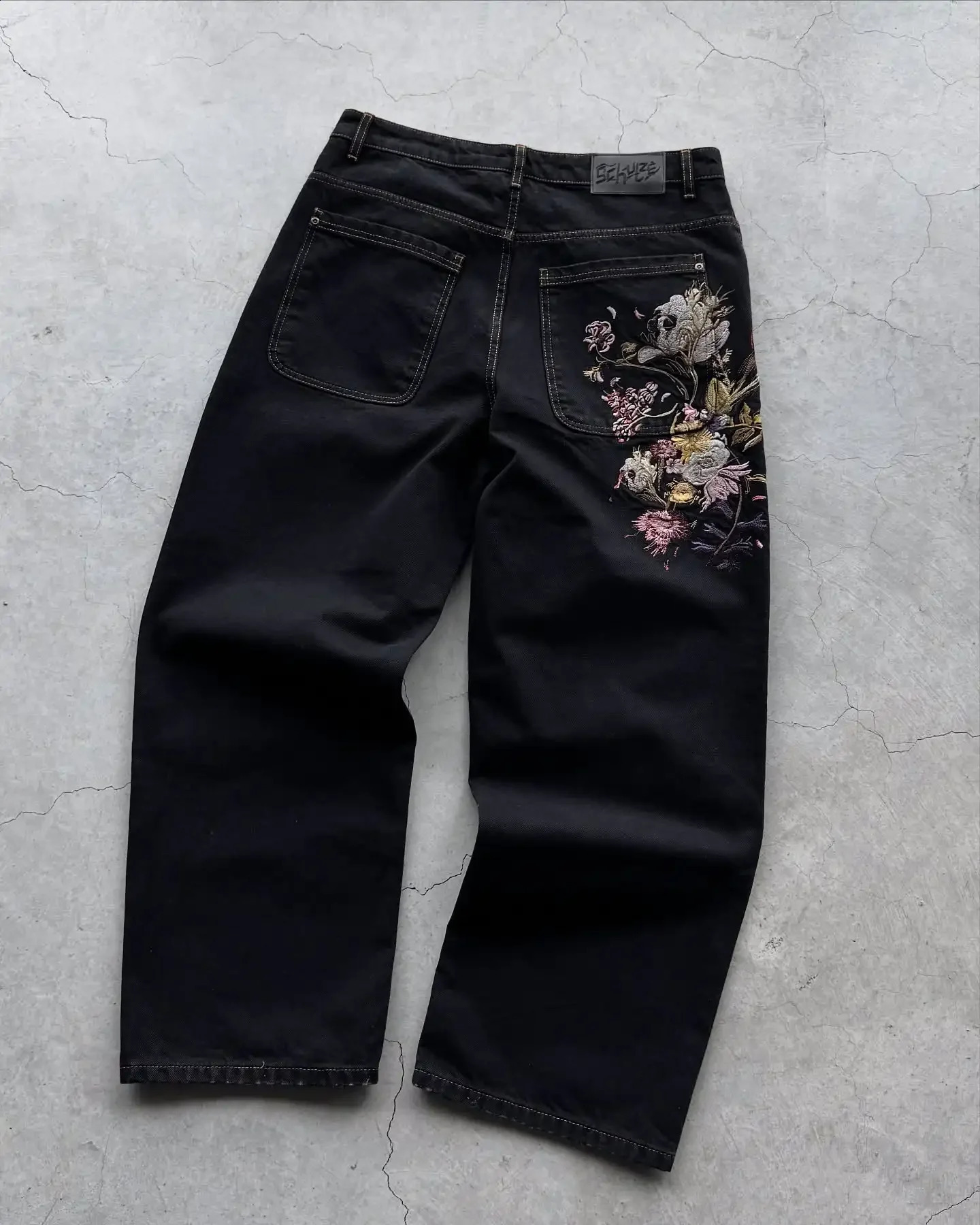 Garden of Eden Low Waist Wide Leg Jeans Vintage Hip Hop Flower Pocket Embroidery Black Baggy Denim Pants Y2k Harajuku Streetwear 250826