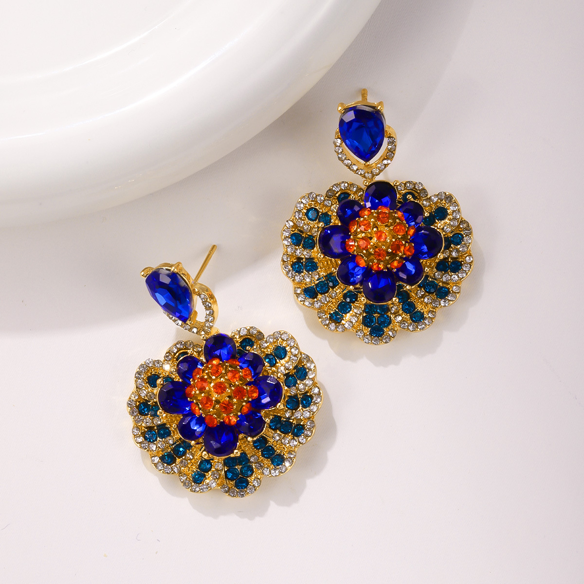 Blue Zircon Flower Earrings French Elegant Stud Earrings for Women Minimalist Luxury Jewelry