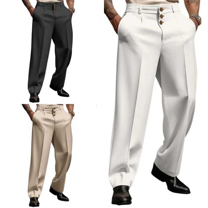 Mens Stand Pocket Elegant Wide Leg Pants Solid White Formal Party Trousers Plus Size 3XL Mens Fashion Triple Buttons Suit Pants W250826