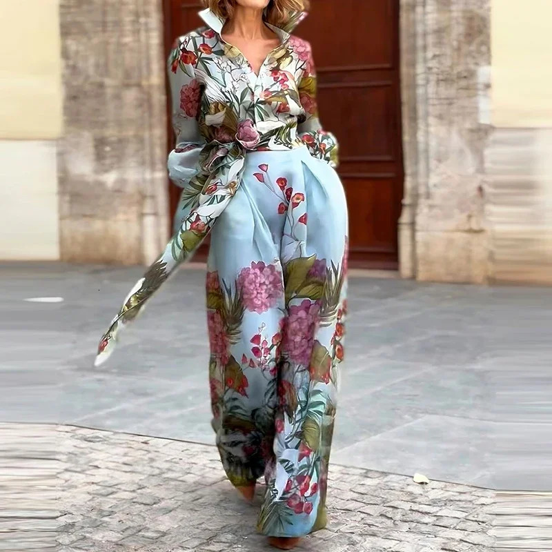 Fashion Lace Up Party Outfit Elegant Pattern Print Autumn 2 Piece Sets Casual Lapel Lantern Sleeve Shirt Long Skirt Suit 250825