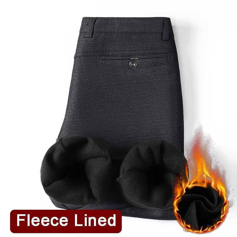 Mens Fleece Lined Suit Pants Business Casual Loose Straight Black Formal Dress Pants Navy Blue Thick Warm Trousers W250826