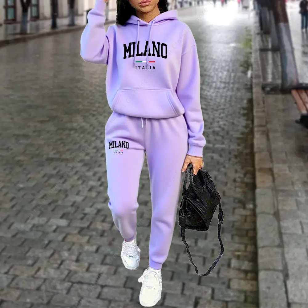 Autumn Winter Womens Sets 2pcs Hoodies Pants Suit Sports Outfits 2025 MILANO Letter Print Aesthetic Clothes Ladies Tracksuit 250826