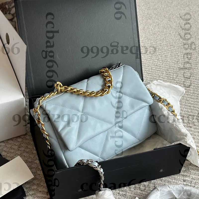19 Series Women Designer Blue Lambskin Quilted Flap Bag Soft Puff Leather Silver Golden Metal Hardware Matelasse Chain Shoulder Handbag with Chain Handle Totes 26cm