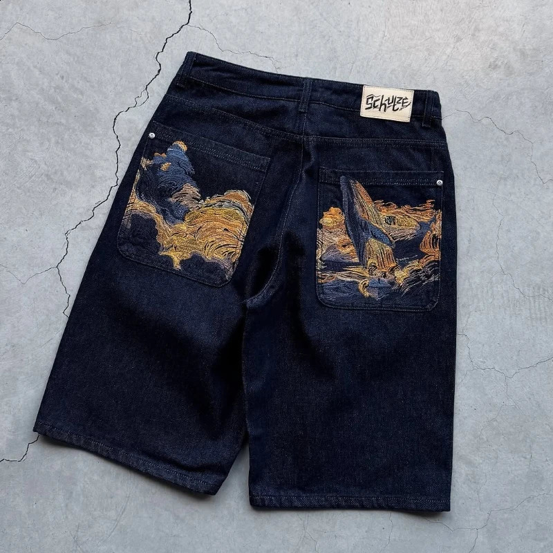 Sakura tree Embroidered Jeans Y2K Trendy Graphics Fish Man Black Jeans Retro Harajuku Zipper Jeans Gothic Hip Hop Street Wear 250826