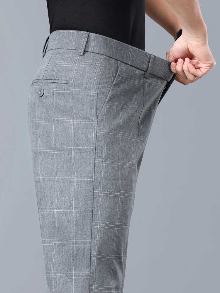 Summer Thin Plaid Formal Stretch Pants Men Slim Business Gray Black Casual Pants Fashion Mens Clothing England Trousers W250826