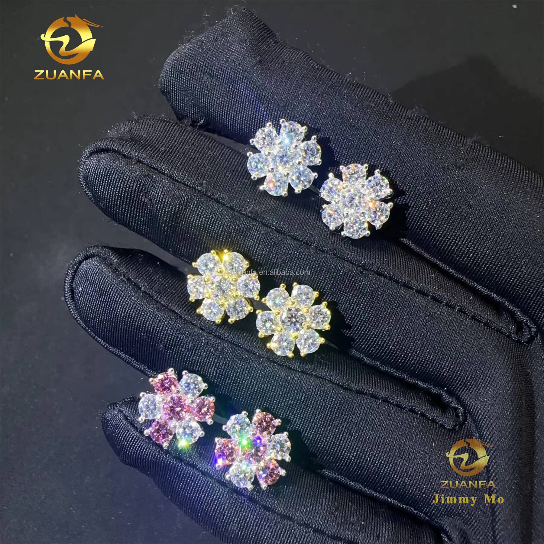 Bulk Stock Flower Shape Drop Shipping Luxury Iced Out Hip Hop Sterling Silver 925 Screw Back Moissanite Cluster Stud Earrings