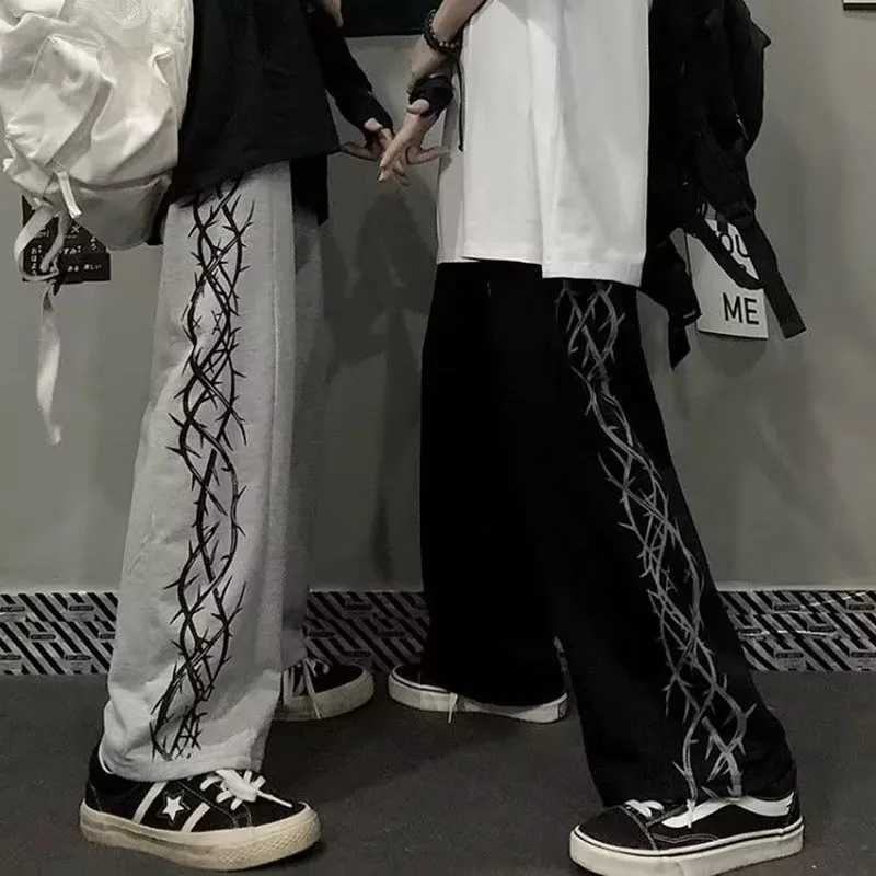 Korean version of the trend of high street retro thorn print Harajuku style loose straight wide leg pants casual pants W250826