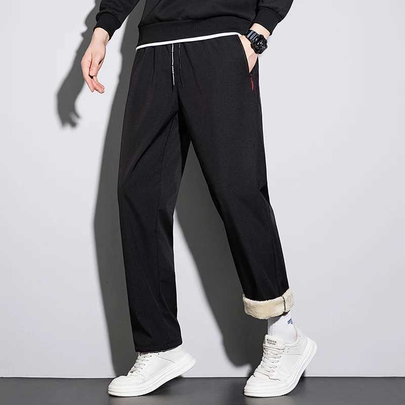 Mens Casual Thick Straight Pants Winter Elastic Waist Add Fur Jogger Korean Classic Blue Black Gray Male Brand Wool Trousers W250826