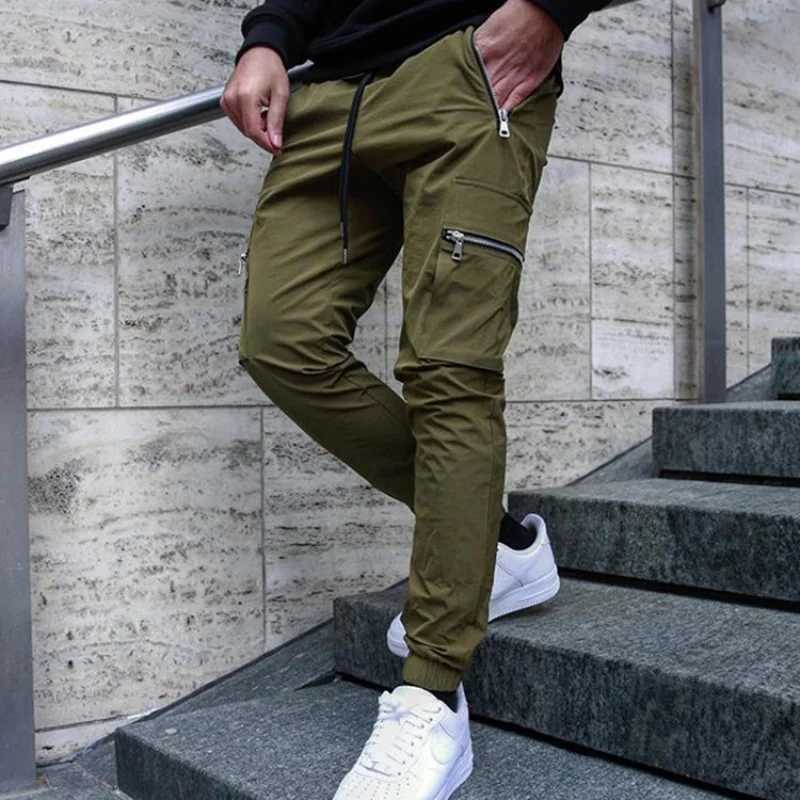 2024 New Exercise Casual Pants Mens Spring and Autumn Fitness Running Training Zipper Slim Fit MultiPocket Trousers W250826