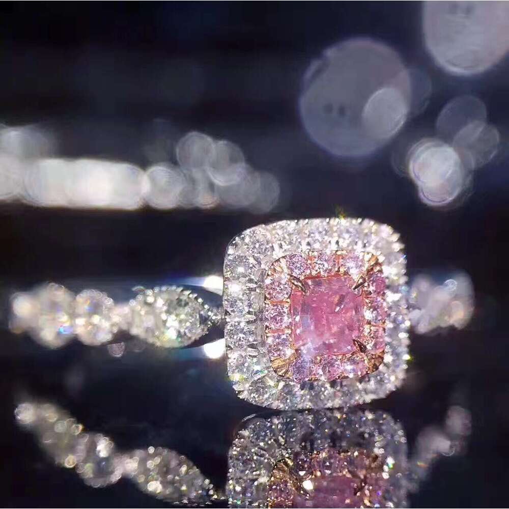 Pink Colorful Square Micro Pave Simulated Diamond Princess Style Women's Ring with Beaded Edge