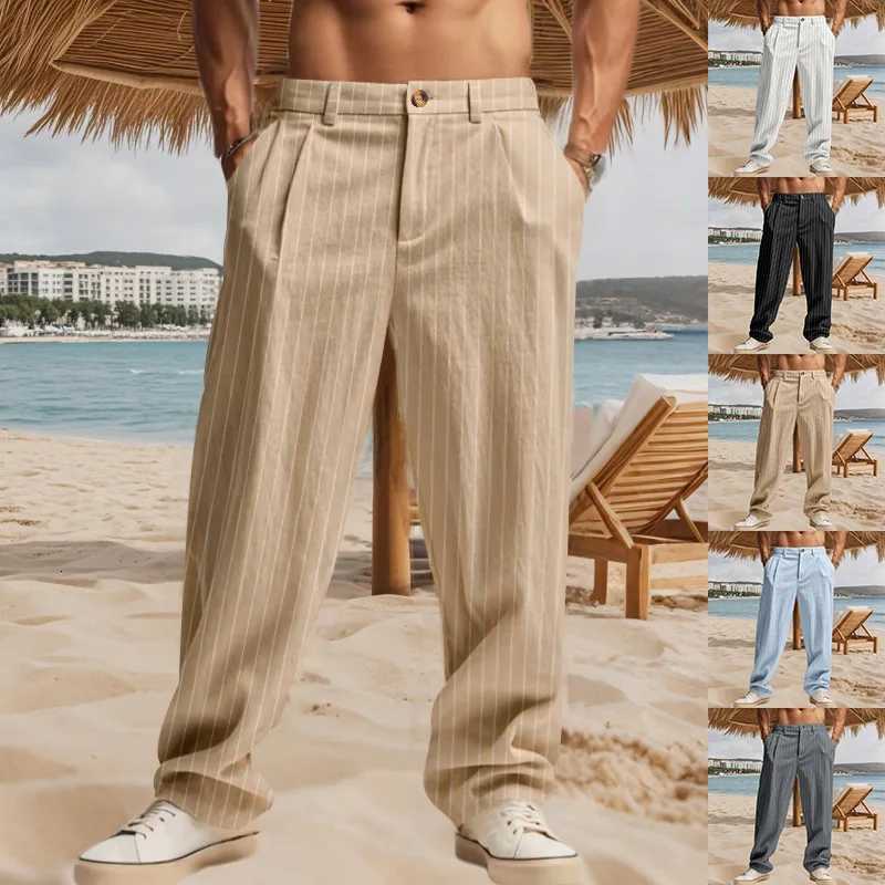 Crossborder Spring and Autumn Linen Mens Casual Pants Thin Striped Zipper Straight Pants Mens W250826