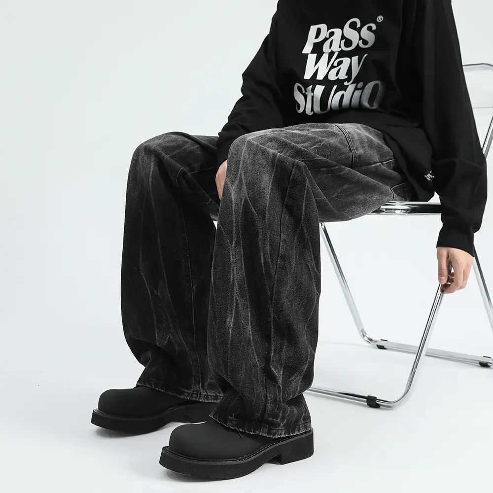 Vintage high street trendy brand gradient straight-leg jeans - Spring/Summer new style, loose fit, slimming, versatile, water-washed, with subtle frin