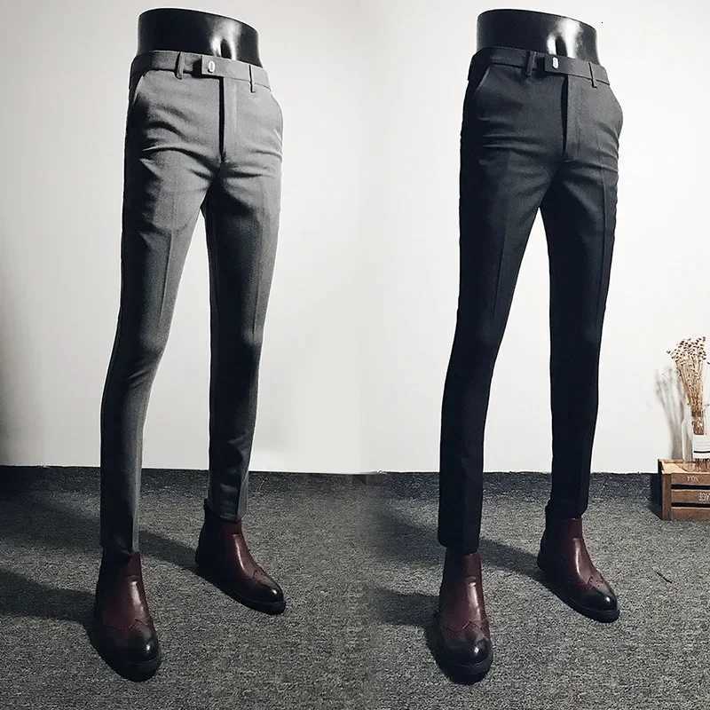 2023 Casual Business Mens Black Stretchy Cropped Pants Trendy Korean Style Slim Fit Mens Suit Pants Summer Wear W250826