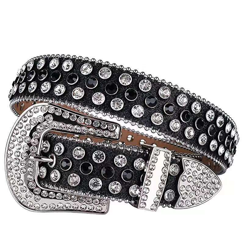 womens belt rivet alloy rhinestone inlaid pin buckle threepiece set punk style hiphop trend