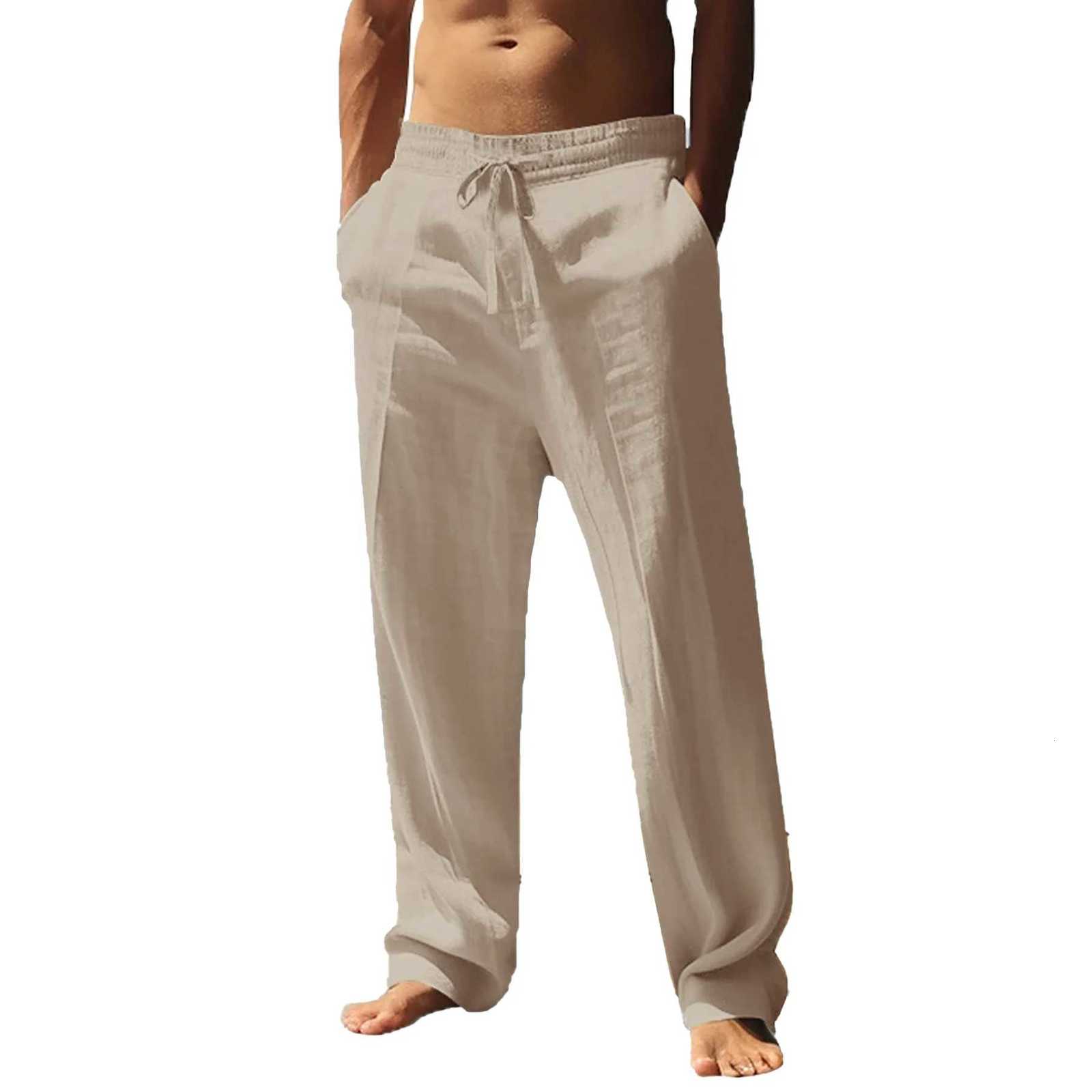 Mens Cotton Linen Long Pants Summer Solid Color Male Casual Elastic Waist Casual Pants Harajuku Trousers Breathable Linen Trousers W250826
