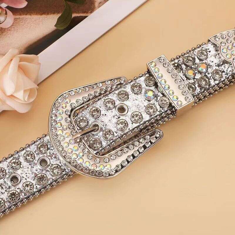 womens belt rivet alloy rhinestone inlaid pin buckle threepiece set punk style hiphop trend