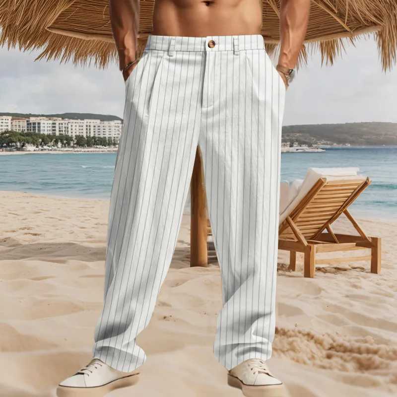 Crossborder Spring and Autumn Linen Mens Casual Pants Thin Striped Zipper Straight Pants Mens W250826