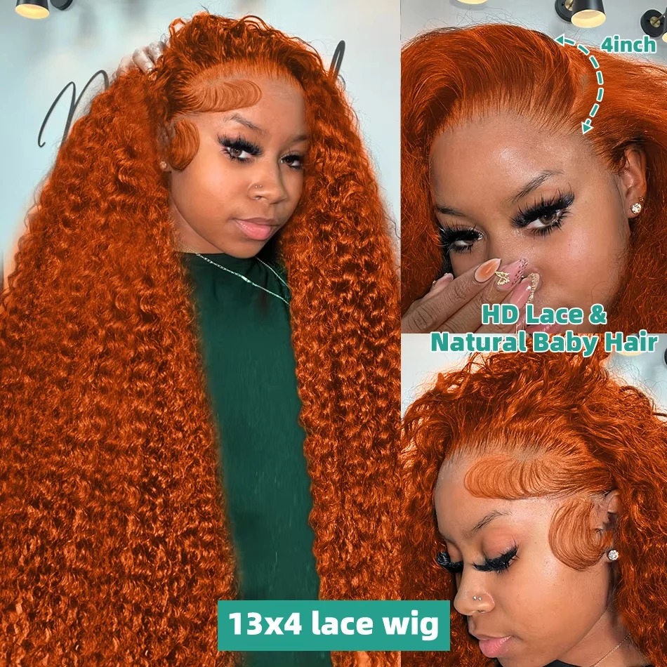Orange Colored Water Wave High Density 13x6 Hd Lace Frontal Human Hair Wig Gluelesss Preplucked Deep Wave Pre-Cut 30 Inch Ginger Curly Wigs Ready To W