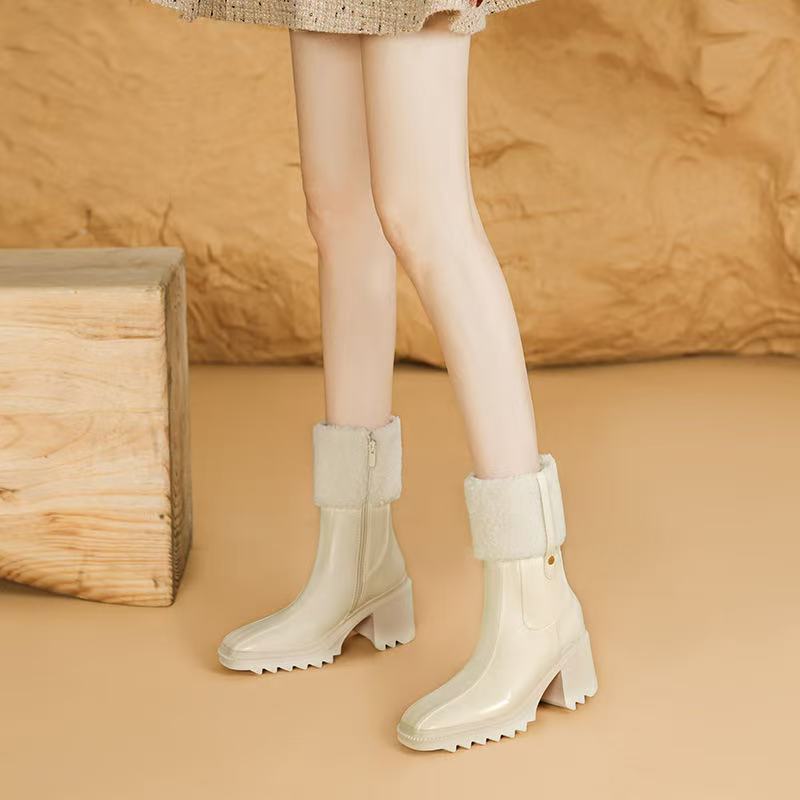 Women Betty PVC Boots Beeled Fur High heels boot Knee-high tall Rain Boot Waterproof Welly Rubber Soles Platform Outdoor Rains hoes Designer shoes 35-