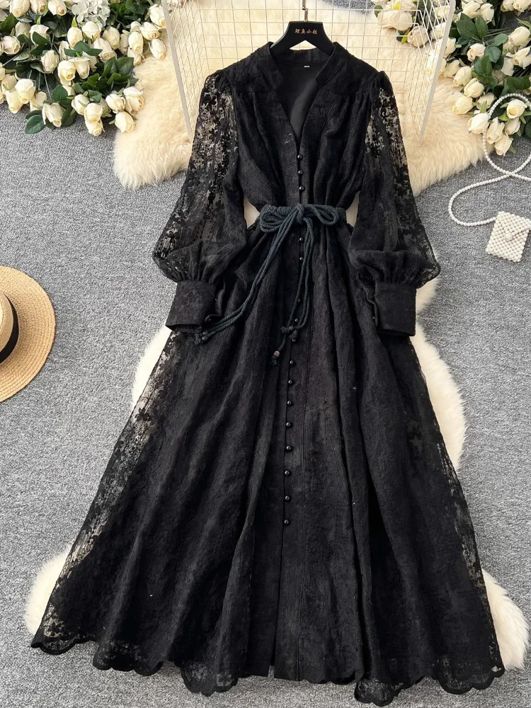 France Elegant Vintage High End Evening Dress Women Embroidery Sashes Long Party Dress Female Casual Fit Chic Clothing 250825