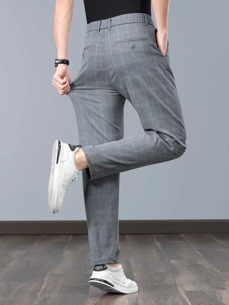 Summer Thin Plaid Formal Stretch Pants Men Slim Business Gray Black Casual Pants Fashion Mens Clothing England Trousers W250826