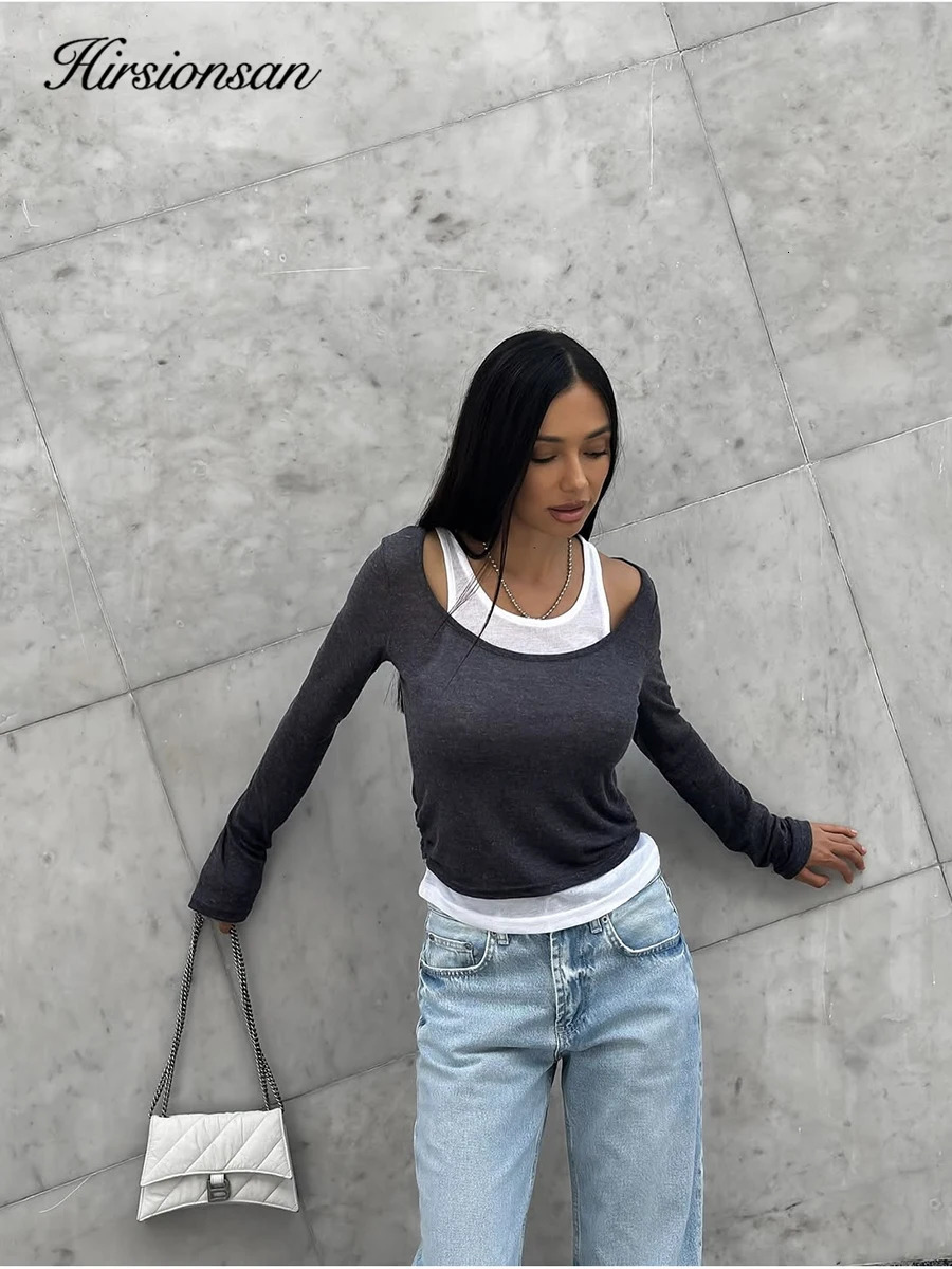 Hirsionsan Summer Casual Patchwork Skinny Tshirts Women Modal Soft Long Sleeve Tees Cusual Female Aesthetic Tops 250903