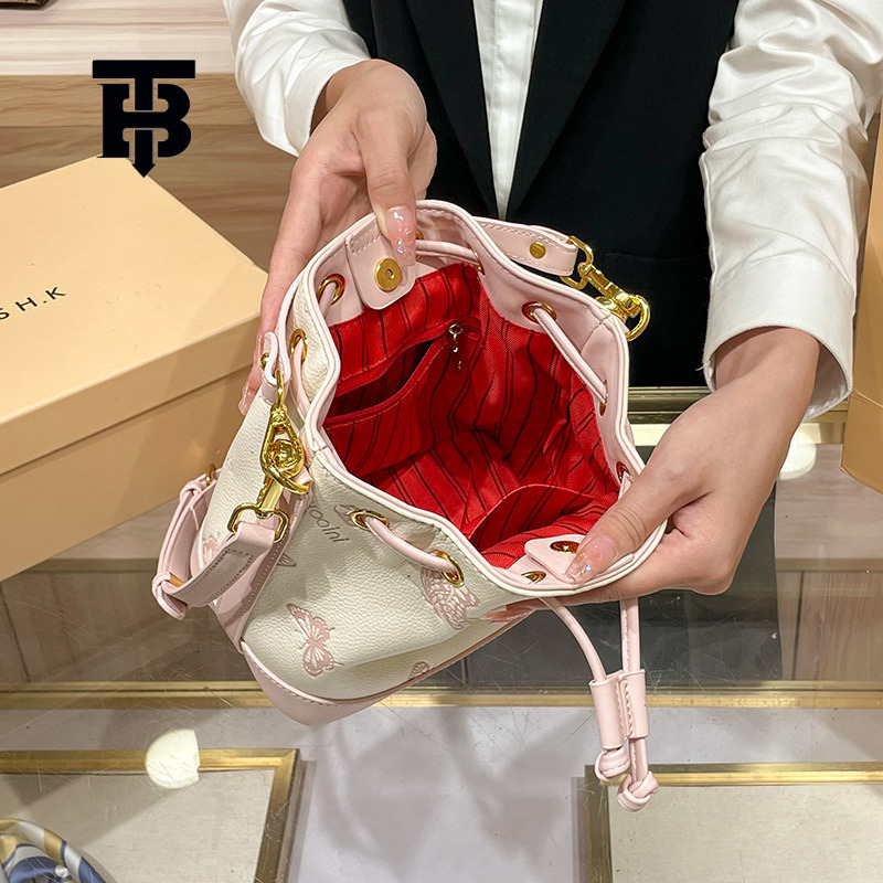 TB BHULAMTE Designer Luxury Original Cowhide Women's Handbag Butterfly Embossed Drawstring Bucket Large Capacity Fashionable Single Shoulder Cros