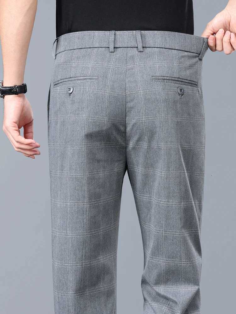 Summer Thin Plaid Formal Stretch Pants Men Slim Business Gray Black Casual Pants Fashion Mens Clothing England Trousers W250826