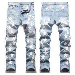Men's Slim Fit Hip Hop Streetwear Denim Jeans Distressed Leather Star Patch Zipper Crotch Stack Ripped Stretch Design