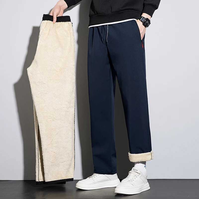 Mens Casual Thick Straight Pants Winter Elastic Waist Add Fur Jogger Korean Classic Blue Black Gray Male Brand Wool Trousers W250826