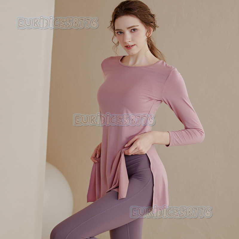 Womens Yoga Clothing Midlength Slimming Hipcovering Long Sleeve Sports Tshirt Loose Breathable Thin Split Fitness Top H250825