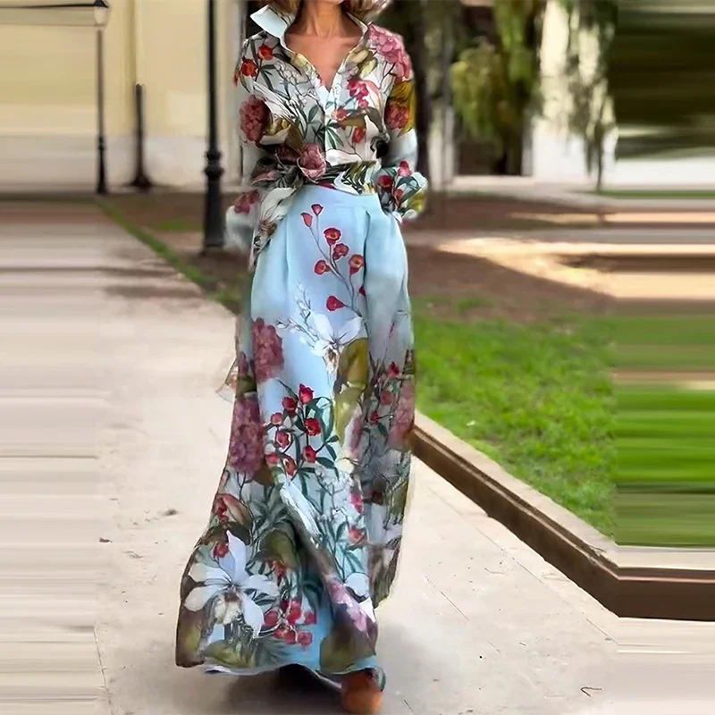 Fashion Lace Up Party Outfit Elegant Pattern Print Autumn 2 Piece Sets Casual Lapel Lantern Sleeve Shirt Long Skirt Suit 250825