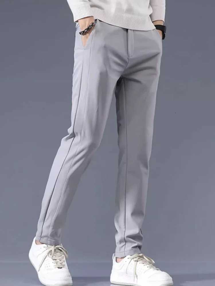 Mens Casual Pants Semi Elastic Waistband Nylon Ice Silk Elastic Straight Tube Light Gray Business Gentleman Summer Casual W250826