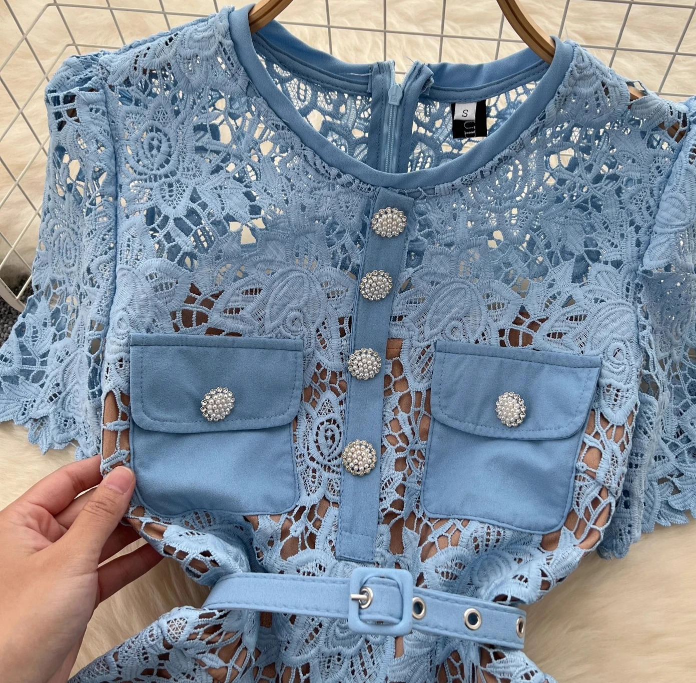 Blue Lace Dress Women Summer with Belt Short Sleeve Streetwear Clothing Lady Hollow Out Runway Vestidos Bodycon 250825