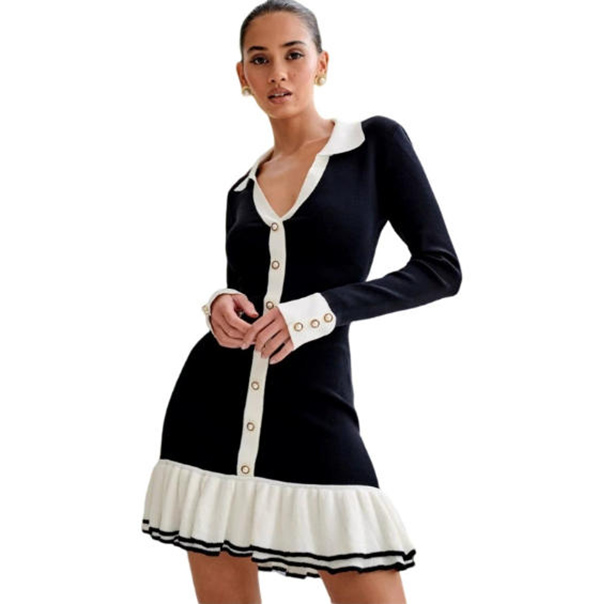 Fashion V-Neck long sleeve Knitted Double-layer ruffle knitted skirt pearl button lapel