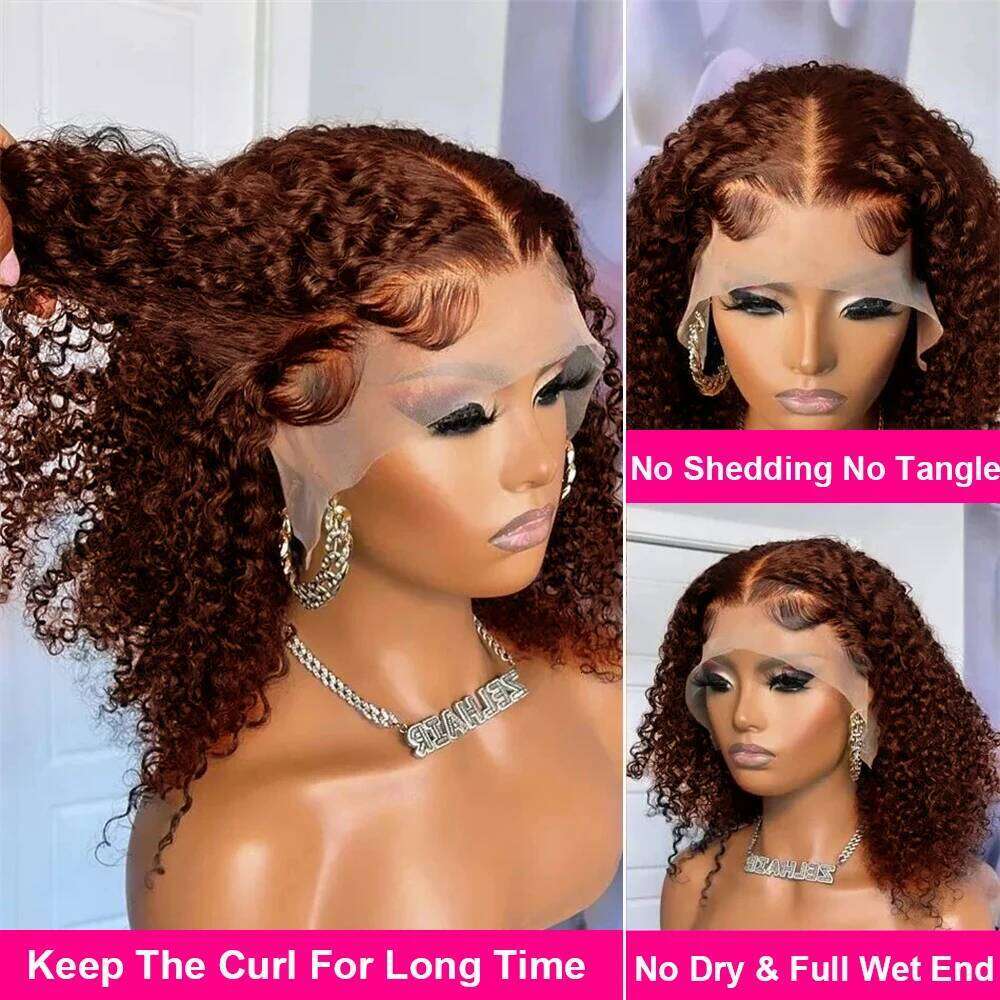 Brown Kinky Curly 13X4 Bob Wigs Brazilian Water Deep Wave Human Hair Wig Preplucked For Woman Short Pixie #4 Color