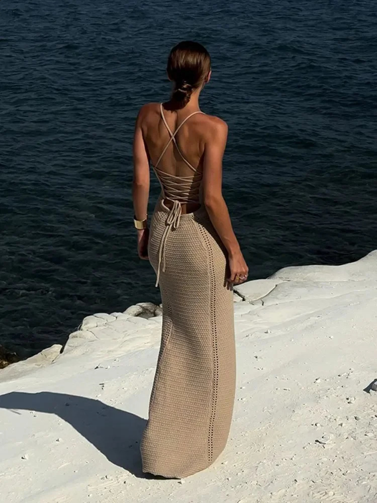 Fashion Solid V Neck Slim Fit Knit Maxi Dress Elegant Hollow Out Lace Up Backless Gown Lady Summer Vacation Beach Vestidos 250826