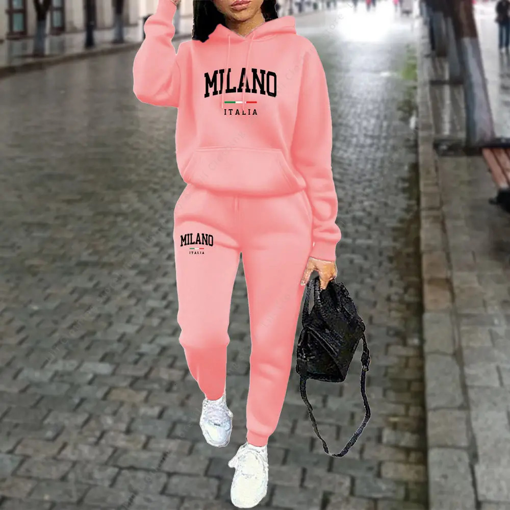 Autumn Winter Womens Sets 2pcs Hoodies Pants Suit Sports Outfits 2025 MILANO Letter Print Aesthetic Clothes Ladies Tracksuit 250826